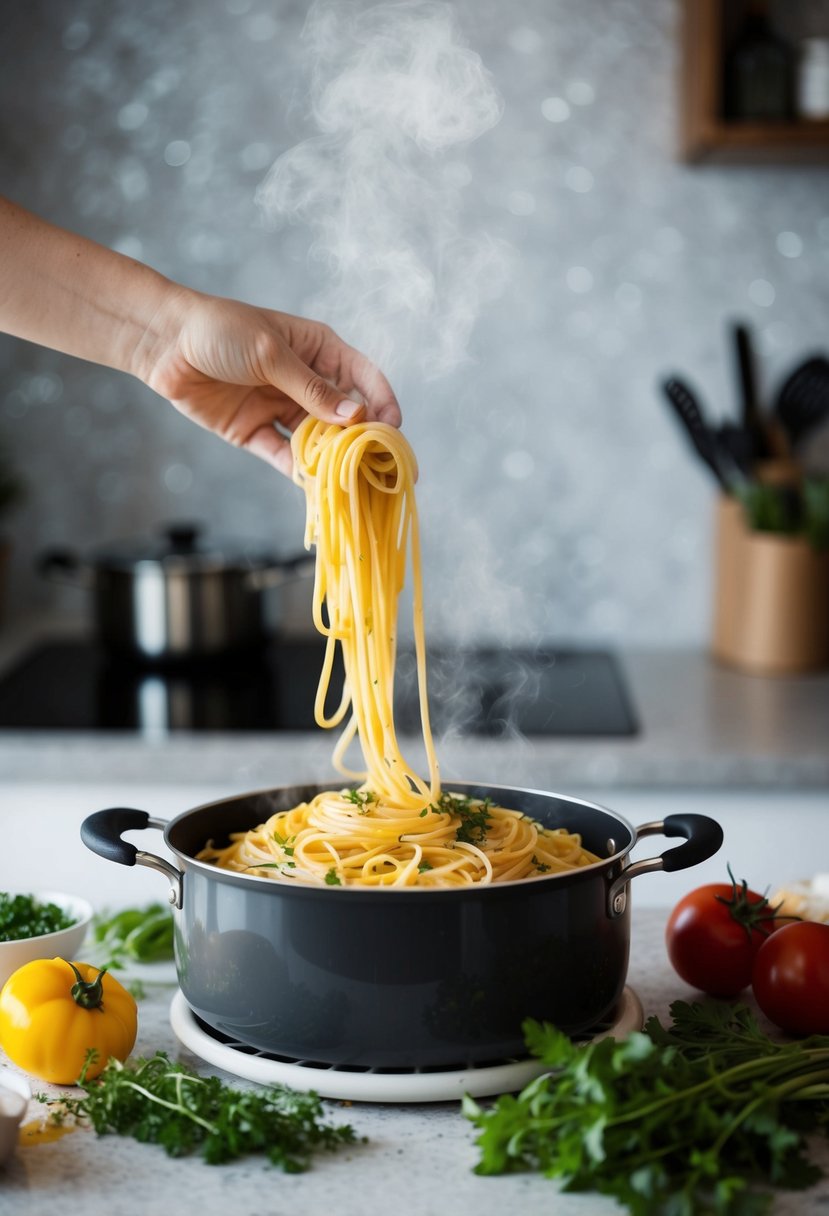 A steaming pot of pasta surrounded by fresh ingredients and herbs on a kitchen counter