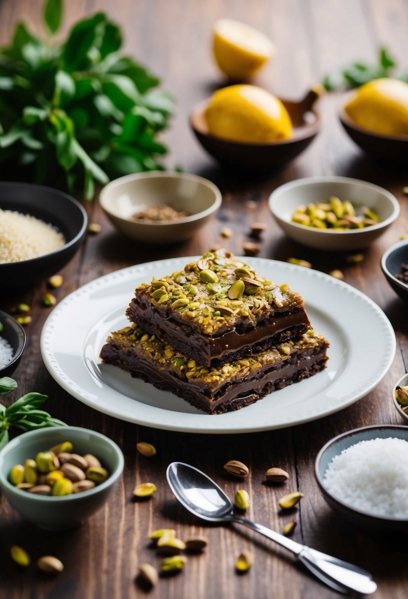 A table set with a plate of pistachio chocolate baklava, surrounded by ingredients and cooking utensils