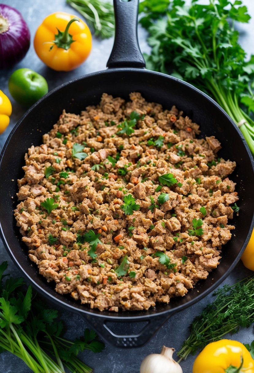 A skillet sizzling with ground turkey, surrounded by fresh vegetables and herbs, ready to be turned into a delicious and healthy meal