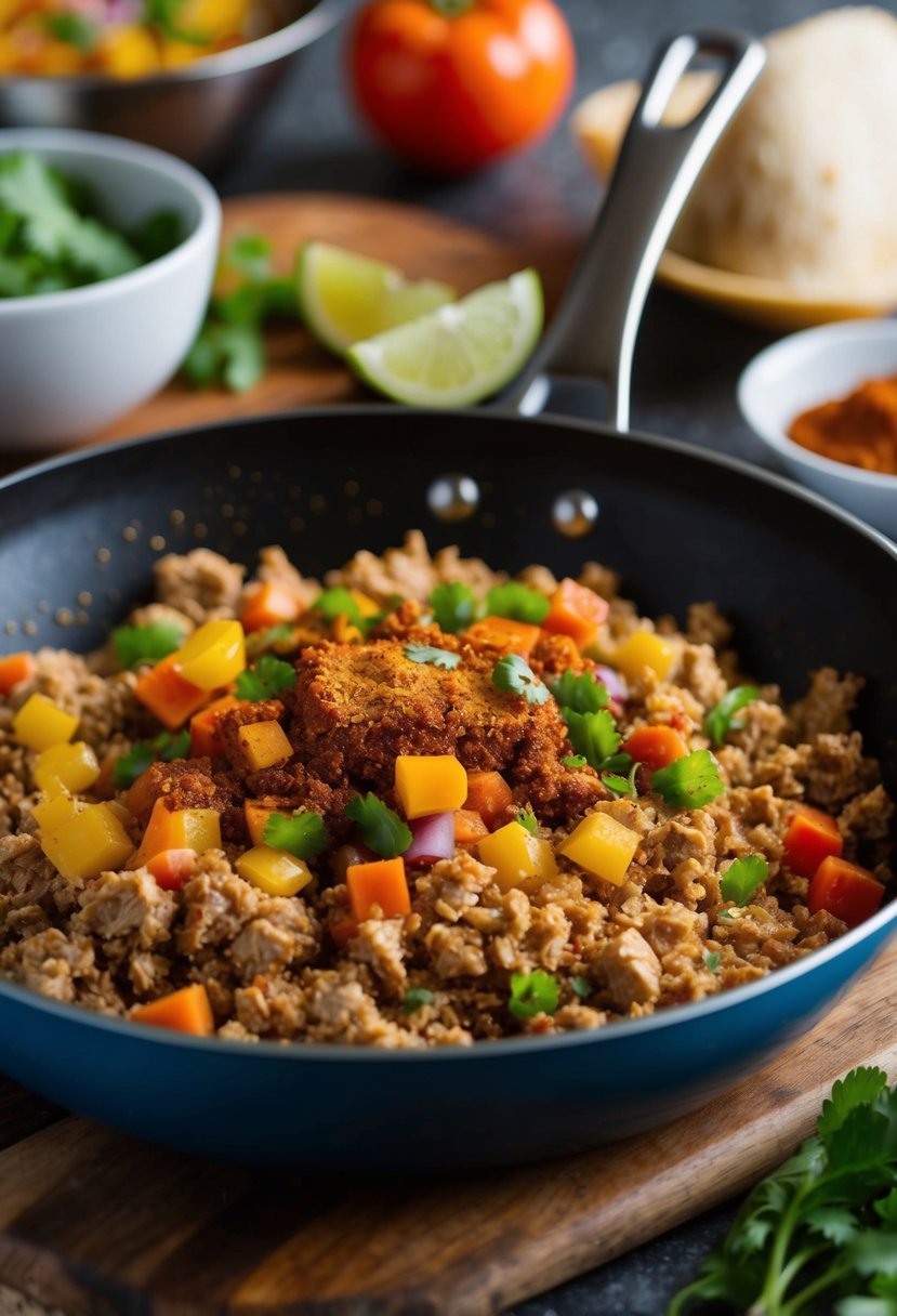 A sizzling skillet of ground turkey, colorful vegetables, and fragrant spices, ready to be assembled into delicious turkey taco bowls