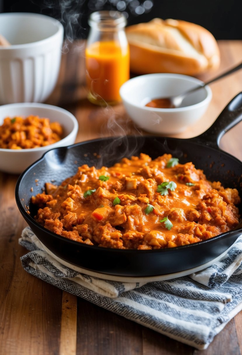 A sizzling skillet of buffalo turkey sloppy joe filling with a spicy, saucy aroma wafting through the kitchen