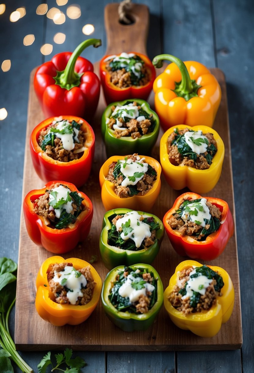 A colorful array of bell peppers stuffed with seasoned ground turkey and spinach, arranged on a rustic wooden cutting board