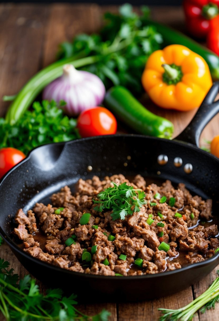 A sizzling skillet of ground beef surrounded by colorful vegetables and herbs