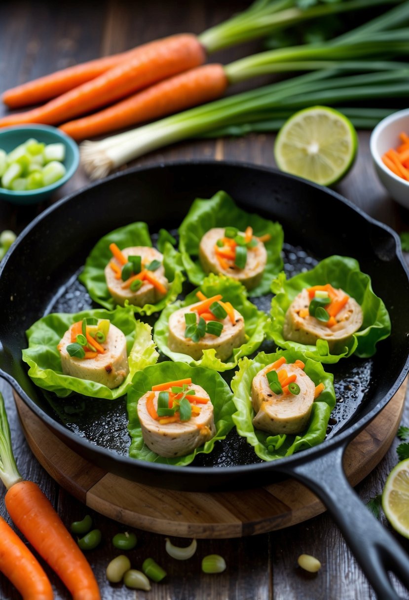 A sizzling skillet of Asian turkey lettuce wraps, surrounded by colorful ingredients like carrots, green onions, and water chestnuts