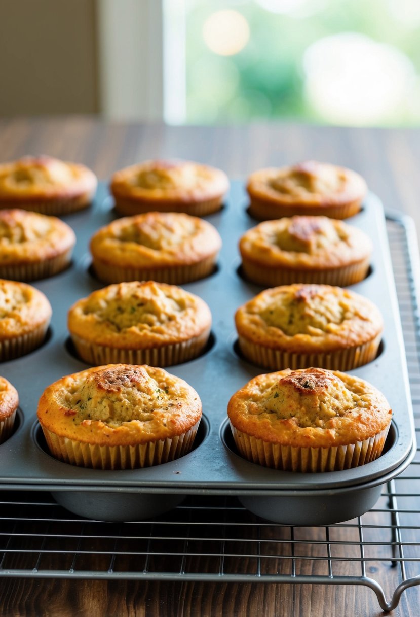 A baking tray filled with golden-brown turkey meatloaf muffins cooling on a wire rack