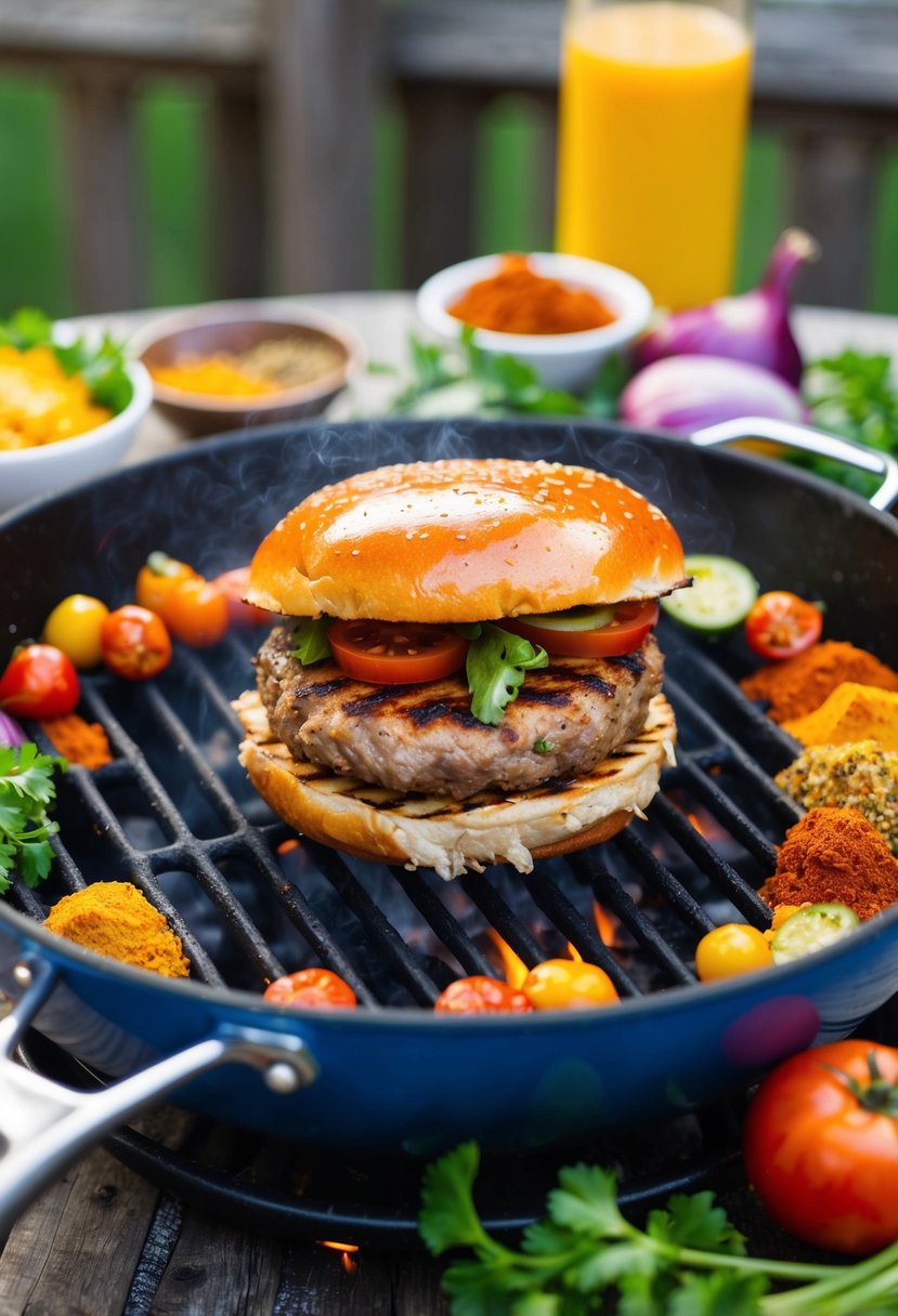 A sizzling Cajun turkey burger cooking on a hot grill, surrounded by colorful spices and fresh ingredients