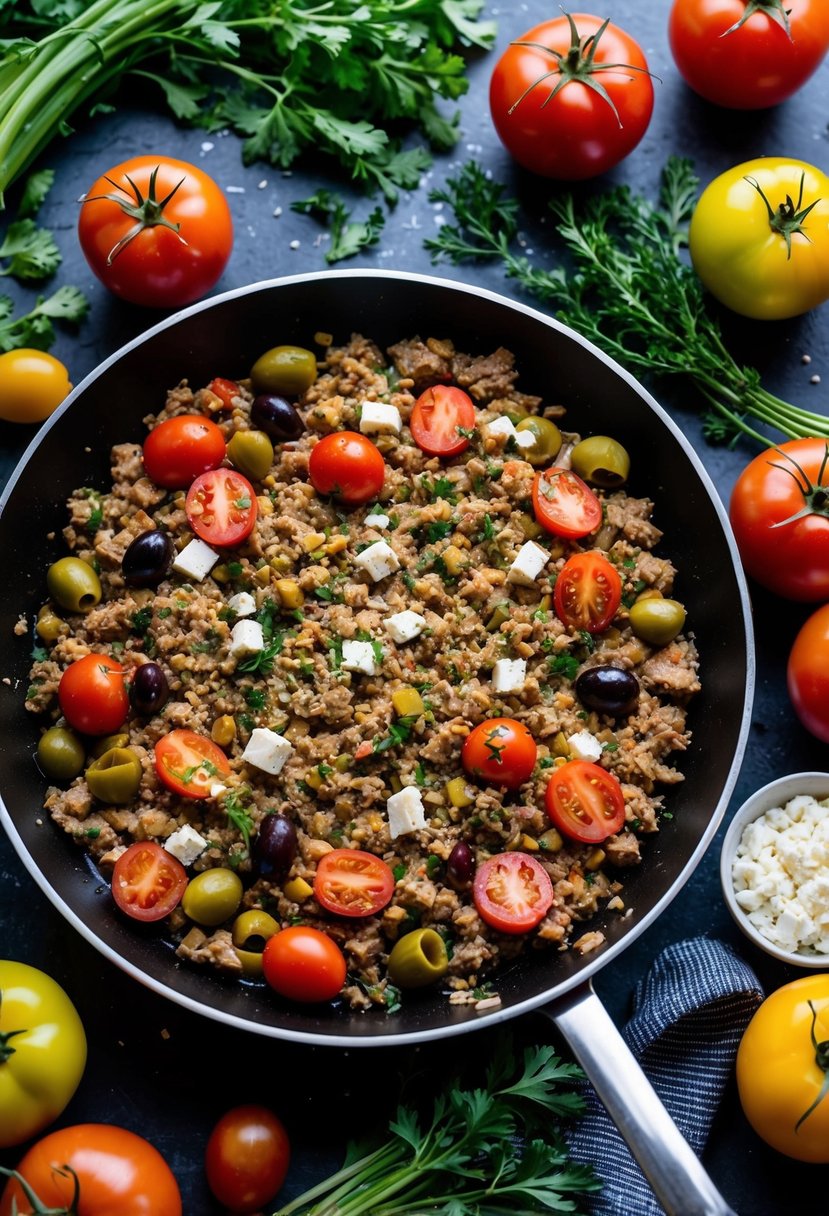 A sizzling skillet filled with ground turkey, tomatoes, olives, and herbs, surrounded by colorful Mediterranean vegetables and a sprinkle of feta cheese