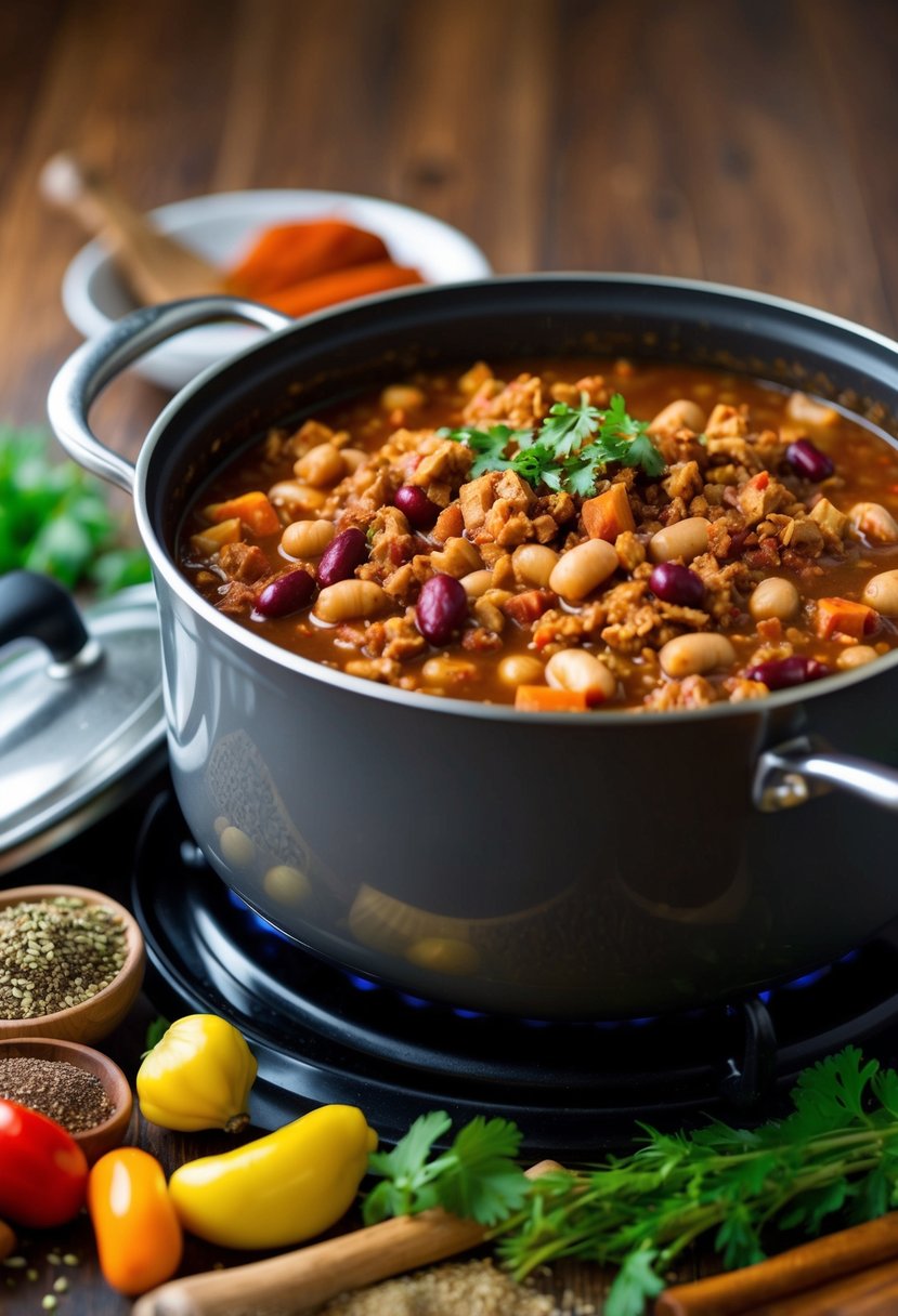 A pot of turkey chili simmers on the stove, filled with beans and chunks of ground turkey, surrounded by colorful spices and herbs