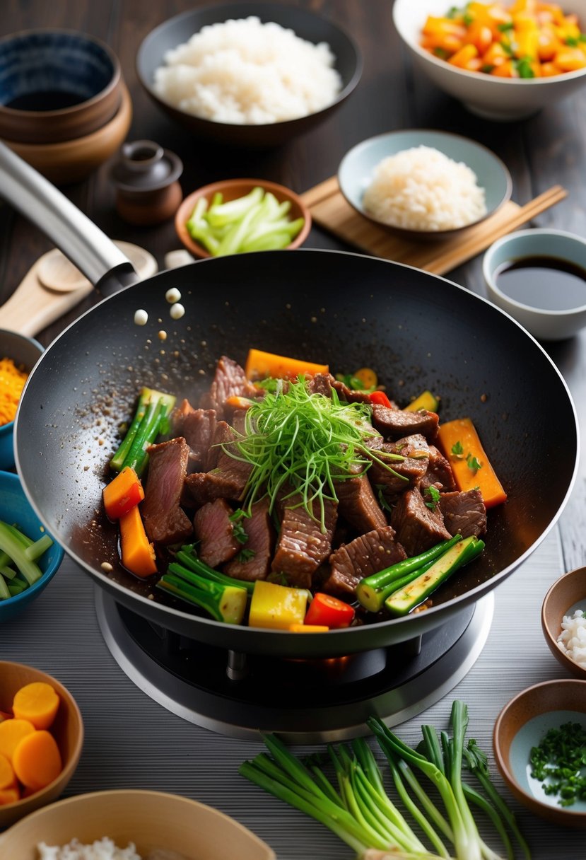 A sizzling hot wok filled with Korean-inspired beef, colorful vegetables, and steaming rice, surrounded by traditional Korean cooking ingredients and utensils