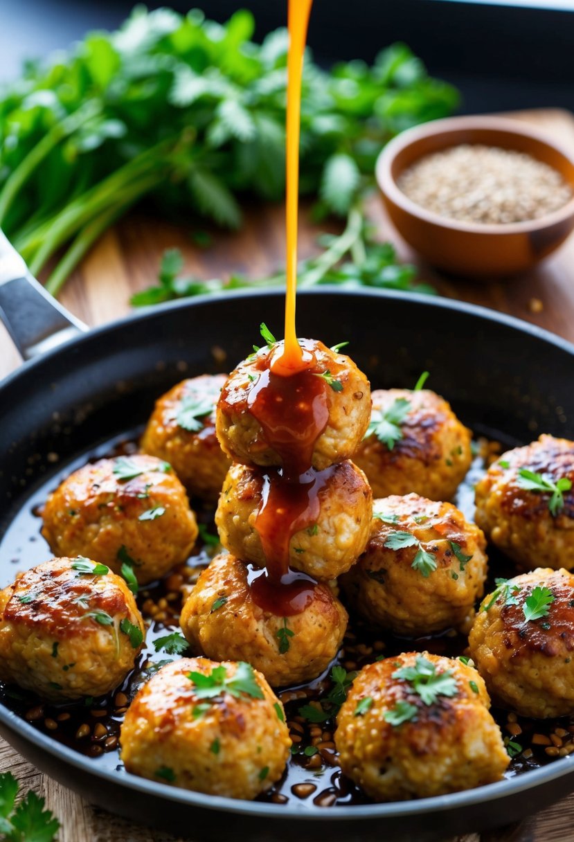 A sizzling skillet of teriyaki turkey meatballs, surrounded by fresh herbs and spices, with a drizzle of savory sauce