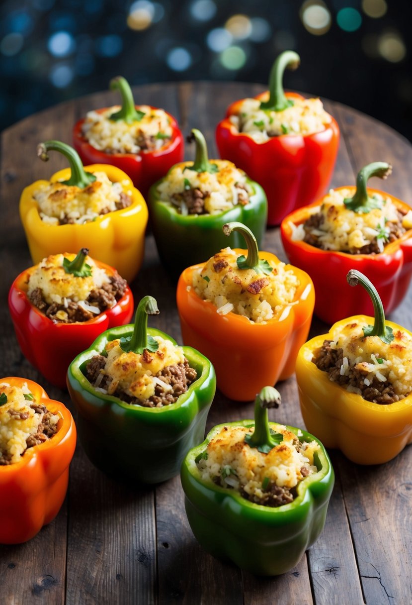 A colorful array of bell peppers stuffed with cauliflower rice and seasoned ground beef, arranged on a rustic wooden table