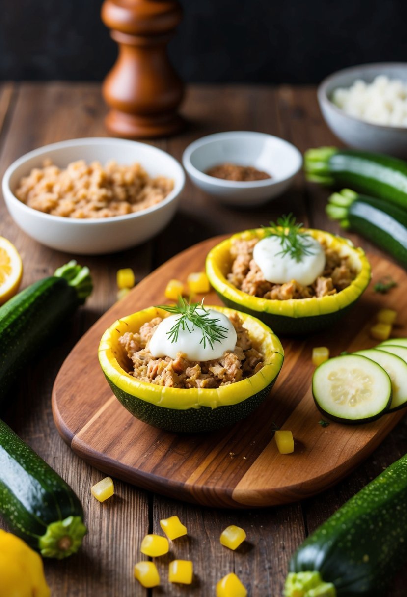 A wooden table with Greek Turkey Zucchini Boats surrounded by fresh ingredients like ground turkey and zucchinis