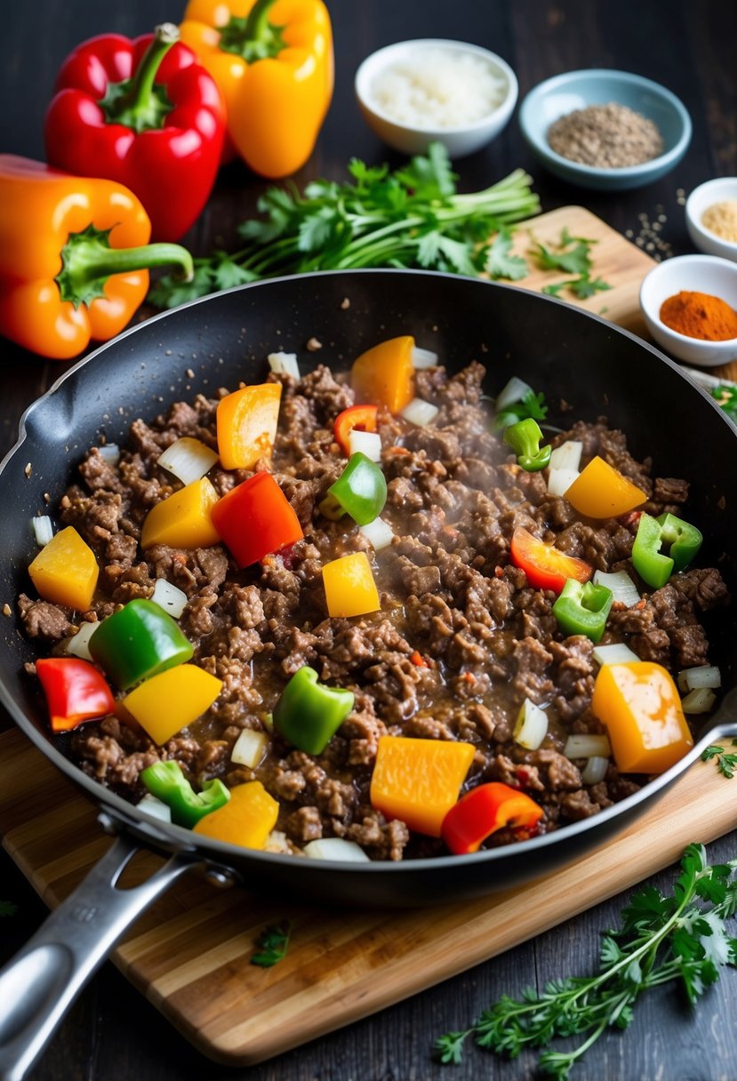 A sizzling skillet with ground beef, diced onions, and colorful bell peppers cooking together, surrounded by various spices and herbs on a wooden cutting board