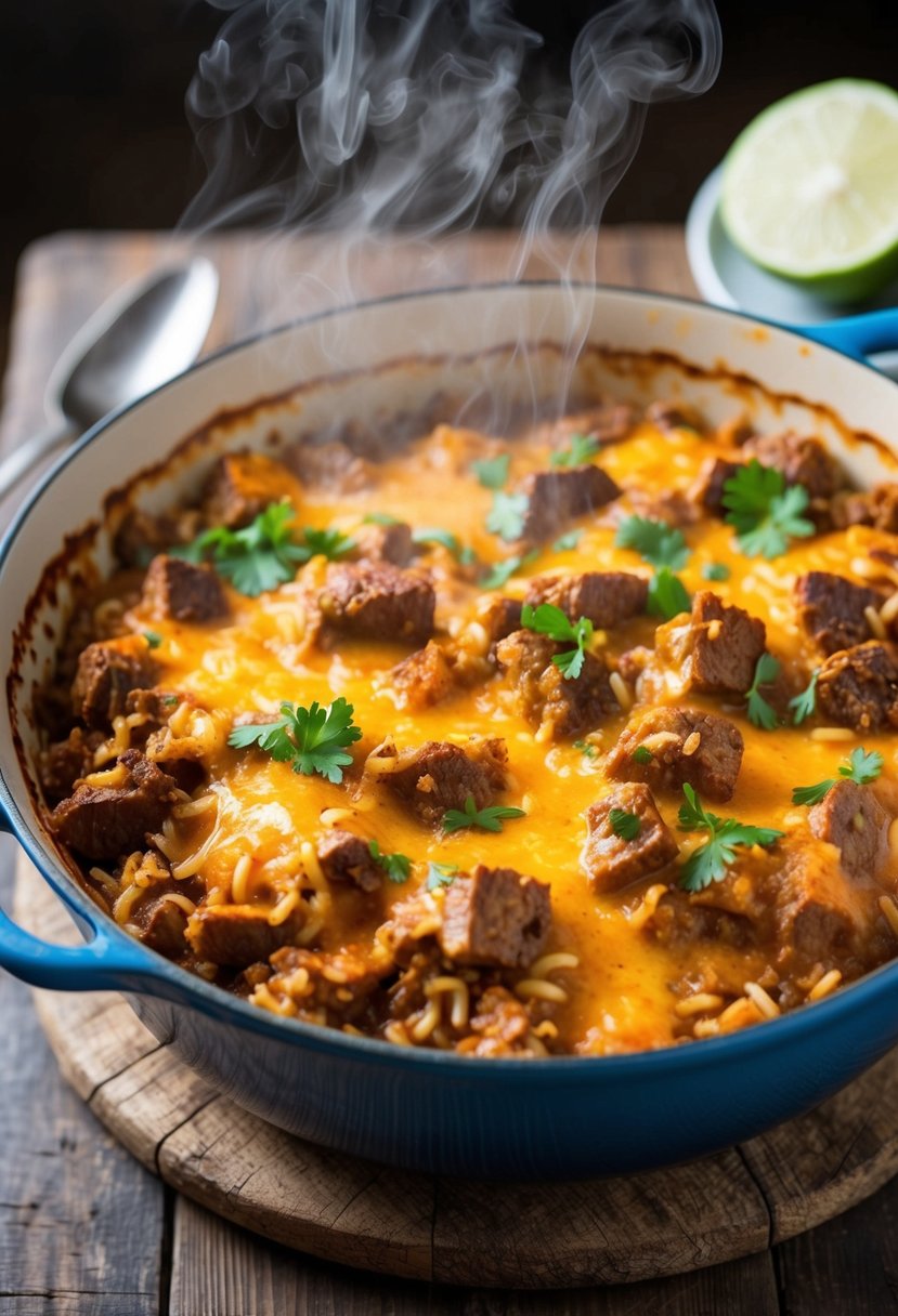 A bubbling casserole dish filled with cheesy beef, rice, and savory spices, steaming as it sits on a rustic wooden table