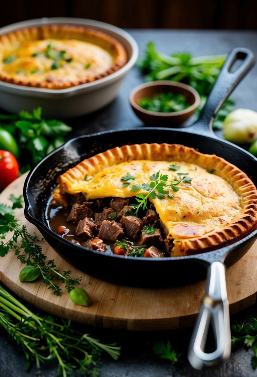 A sizzling skillet filled with a hearty beef potpie, surrounded by fresh vegetables and herbs