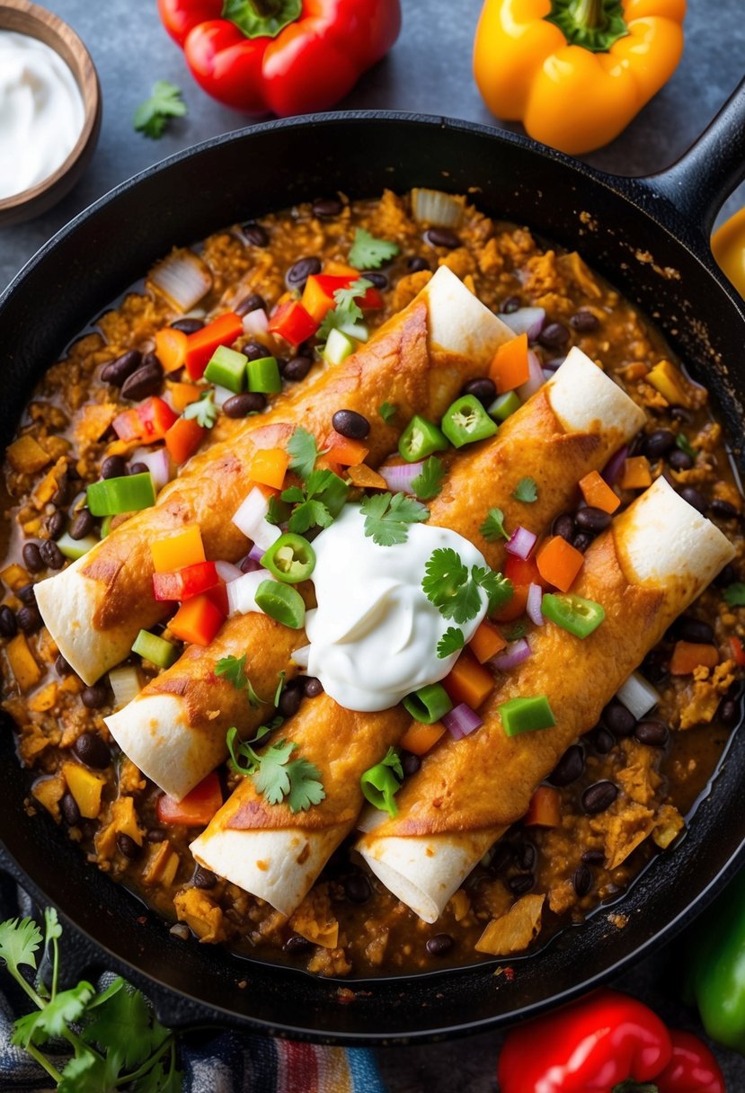 A sizzling skillet of turkey and black bean enchiladas, surrounded by colorful peppers and onions, with a dollop of sour cream on top