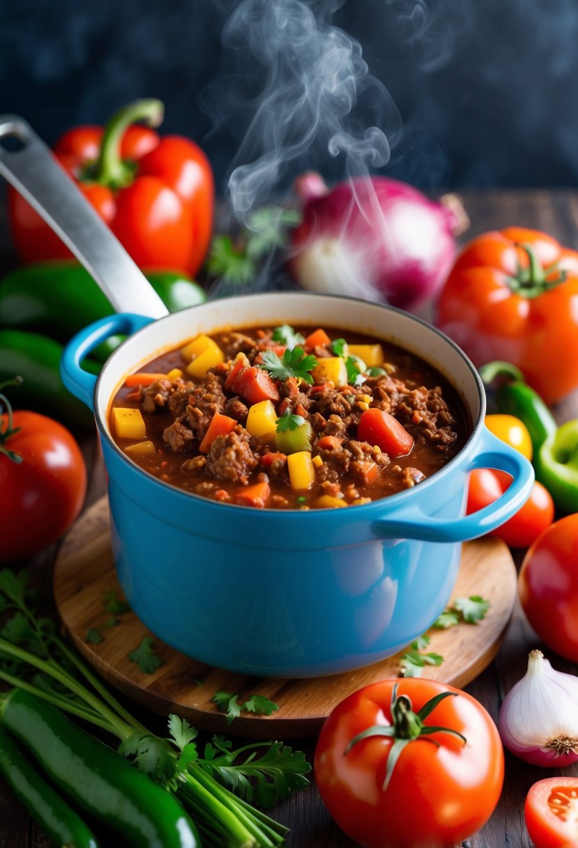 A steaming pot of chili filled with colorful vegetables and lean ground beef, surrounded by fresh ingredients like tomatoes, onions, and peppers