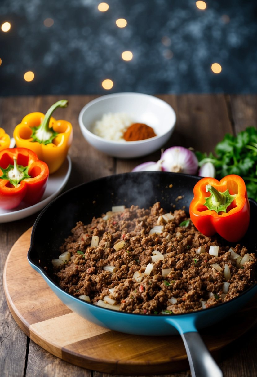 A skillet sizzling with ground beef, onions, and spices next to a bowl of halved bell peppers ready to be stuffed