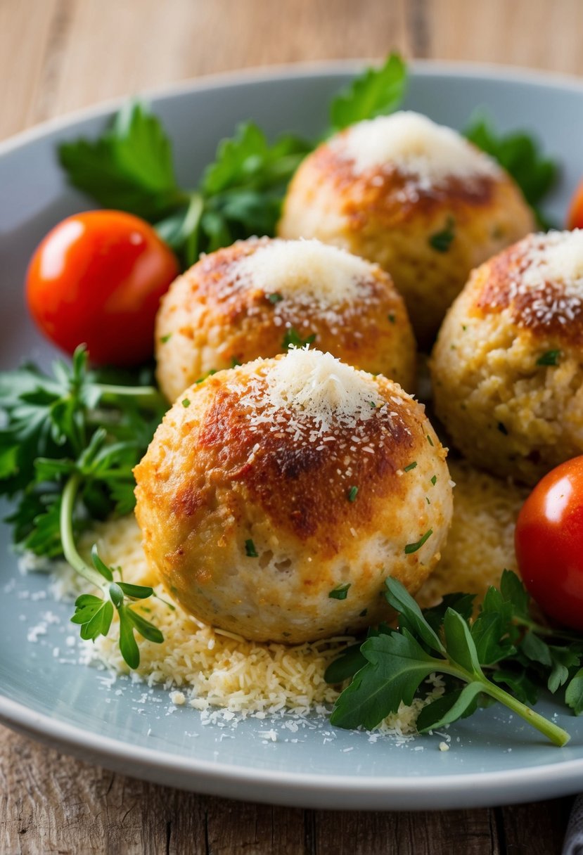 A plate of golden-brown turkey meatballs topped with grated parmesan cheese, surrounded by fresh herbs and cherry tomatoes