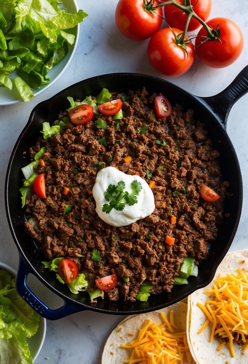 A sizzling skillet of seasoned ground beef, surrounded by vibrant lettuce, tomatoes, and shredded cheese, with warm tortillas ready to be filled