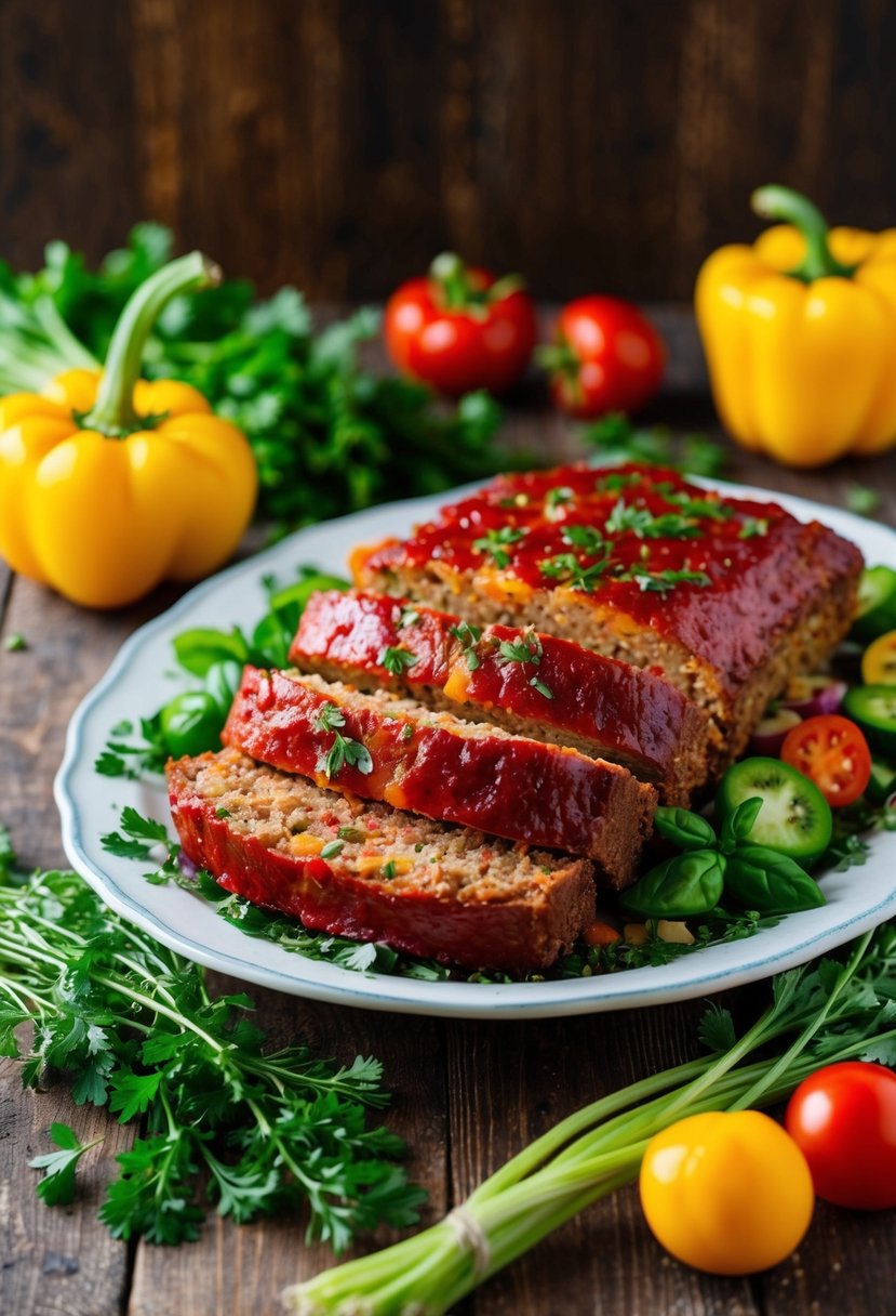 A platter of freshly baked meatloaf surrounded by colorful vegetables and herbs