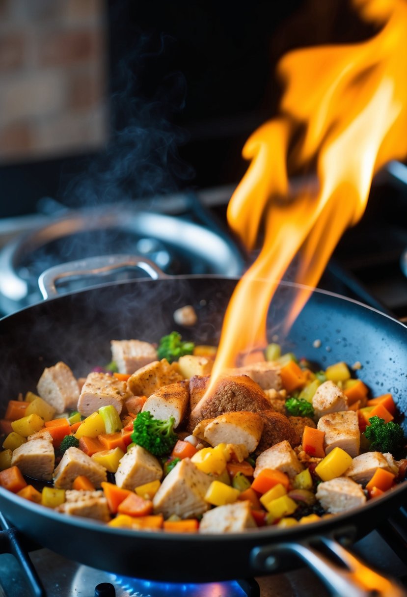 A sizzling skillet with diced turkey, colorful vegetables, and aromatic spices cooking over a high flame