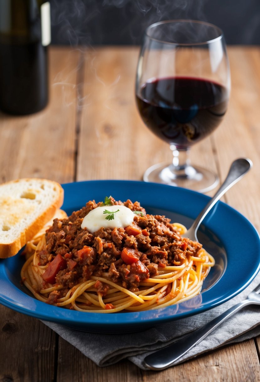 A steaming plate of spaghetti Bolognese topped with savory ground beef and rich tomato sauce, accompanied by a side of garlic bread and a glass of red wine