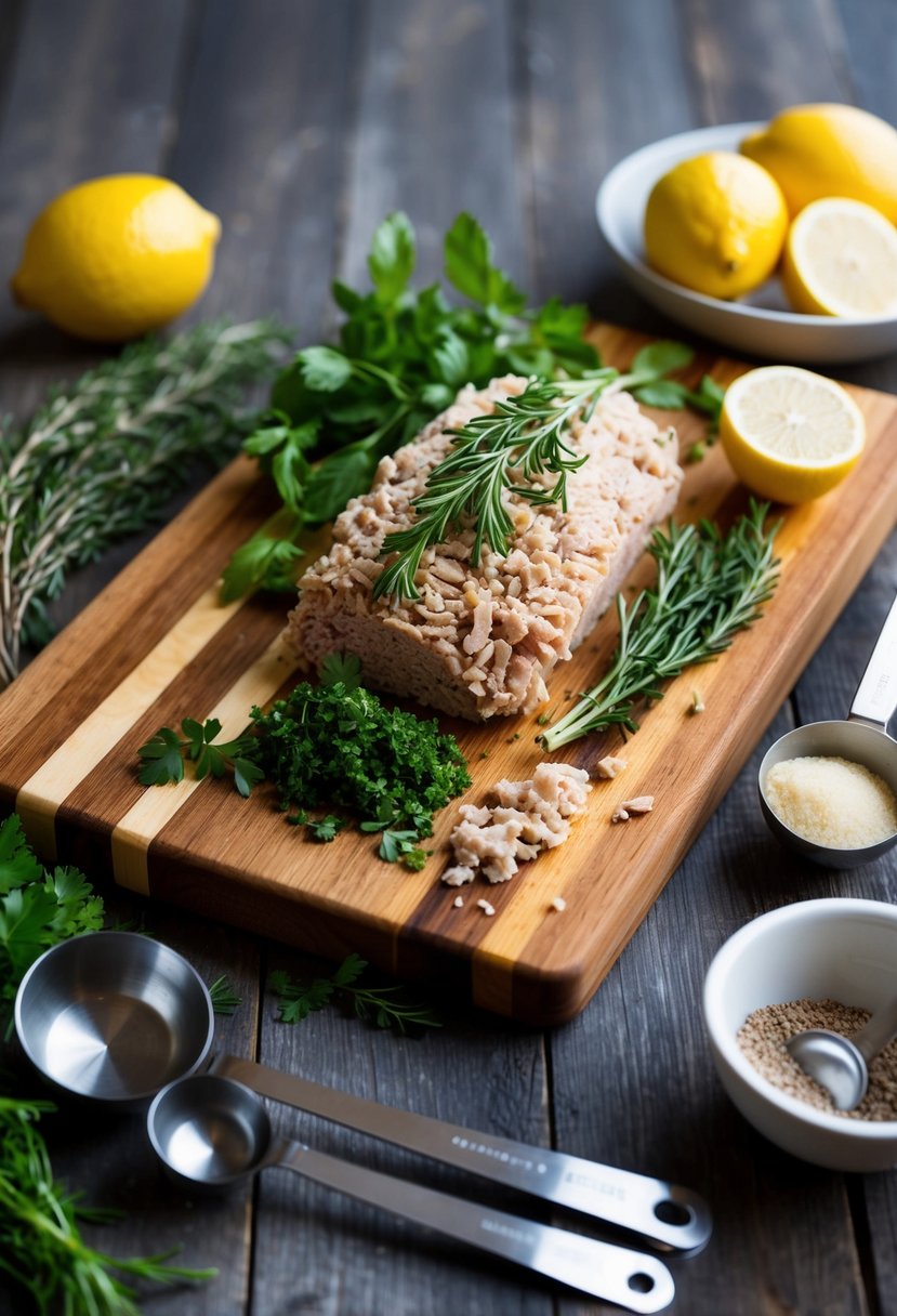 A wooden cutting board with fresh herbs, lemons, and ground turkey, surrounded by measuring spoons and a mixing bowl