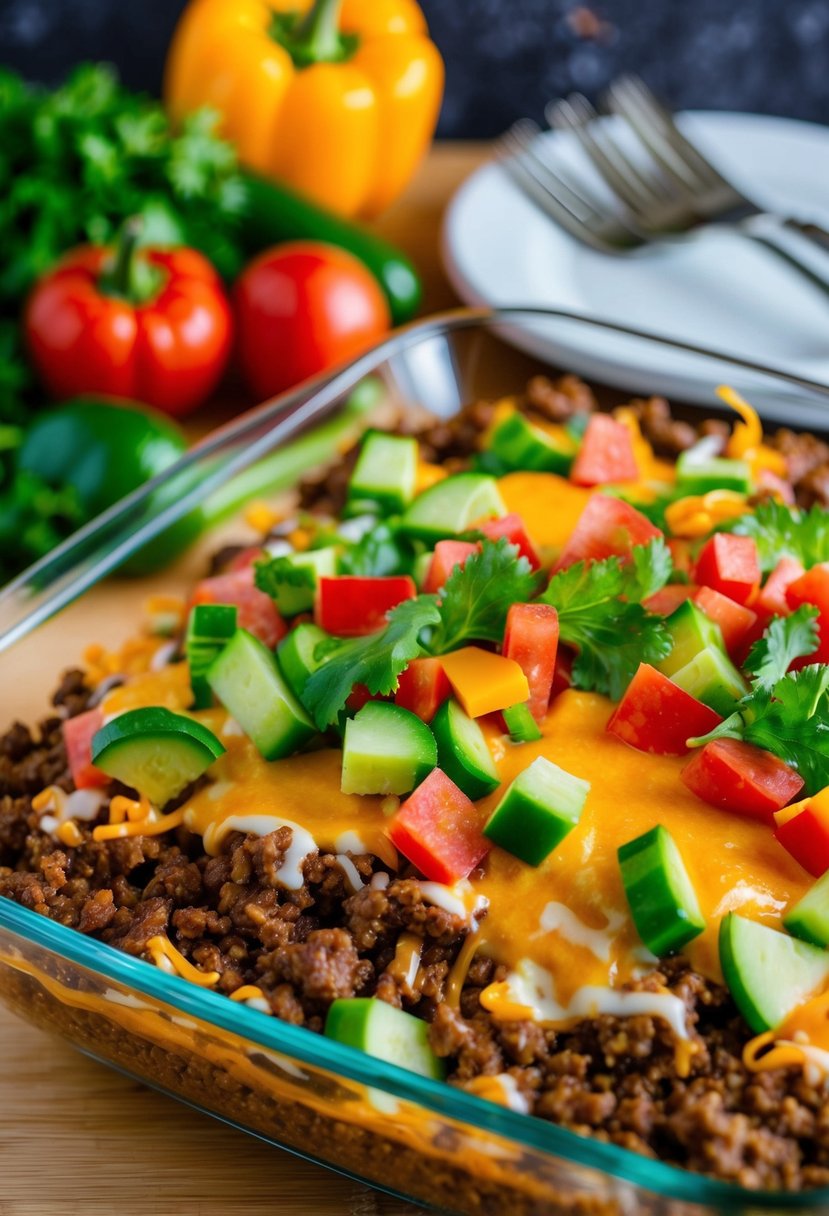 A colorful array of fresh vegetables, lean ground beef, and melted cheese layered in a baking dish, ready to be served as a delicious taco casserole