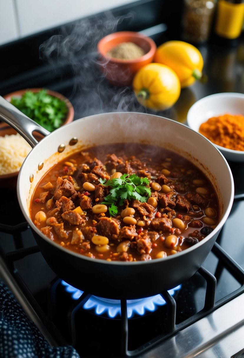 A steaming pot of beef and bean chili simmers on a stovetop, surrounded by colorful ingredients and spices