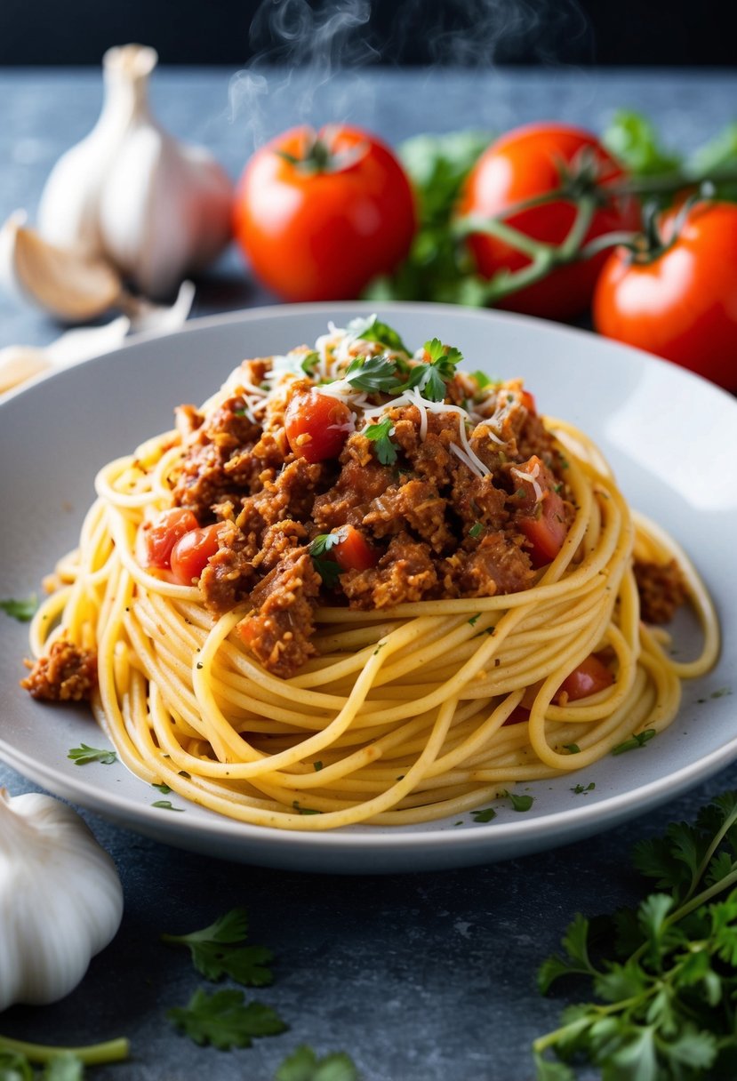 A steaming plate of spaghetti topped with savory turkey Bolognese, surrounded by fresh ingredients like tomatoes, garlic, and herbs