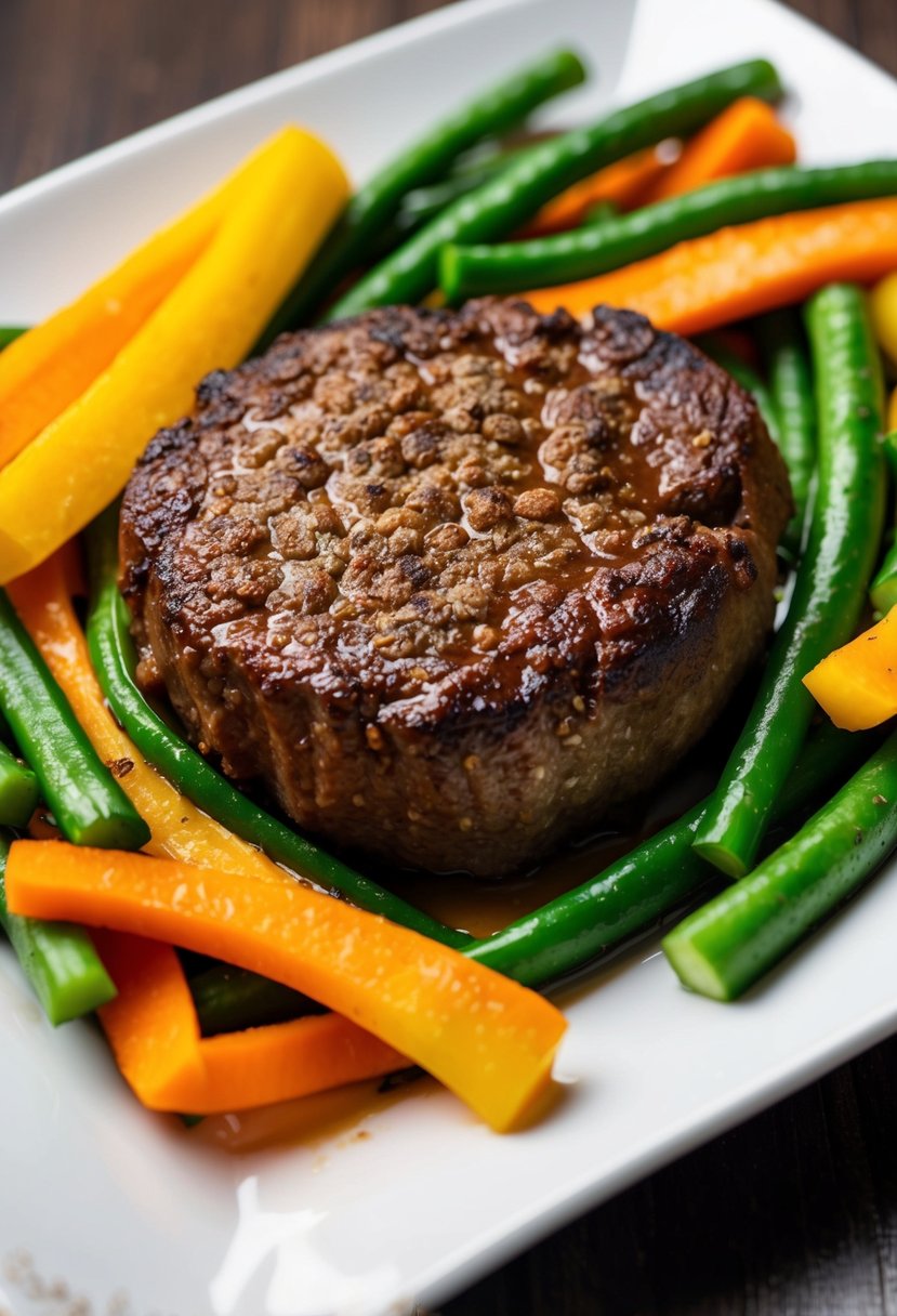 A sizzling Salisbury steak surrounded by colorful steamed vegetables on a white plate