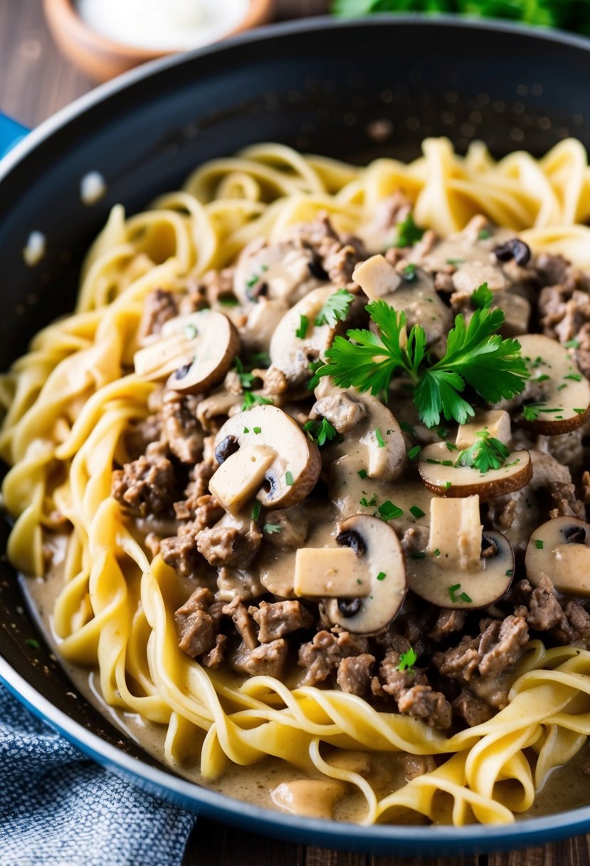 A sizzling skillet of beef stroganoff with tender ground beef, creamy sauce, and savory mushrooms, served over a bed of steaming egg noodles