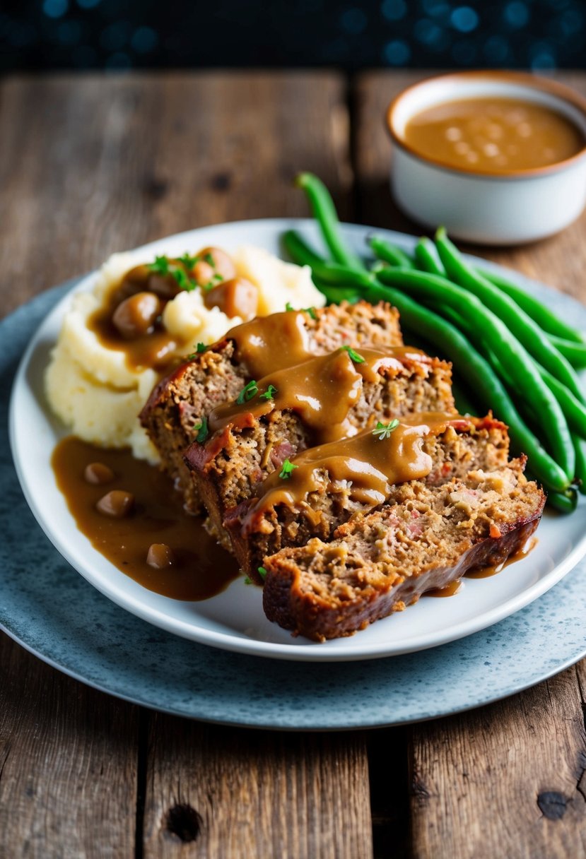 A platter of meatloaf with brown gravy, accompanied by mashed potatoes and green beans, sits on a rustic wooden table