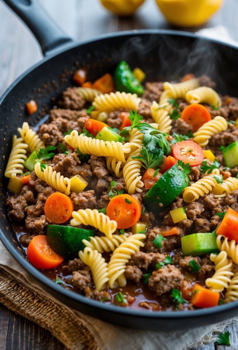 A sizzling skillet of lean ground beef, colorful vegetables, and whole grain pasta, simmering in a savory sauce, ready to be served as a delicious and nutritious Hamburger Helper meal