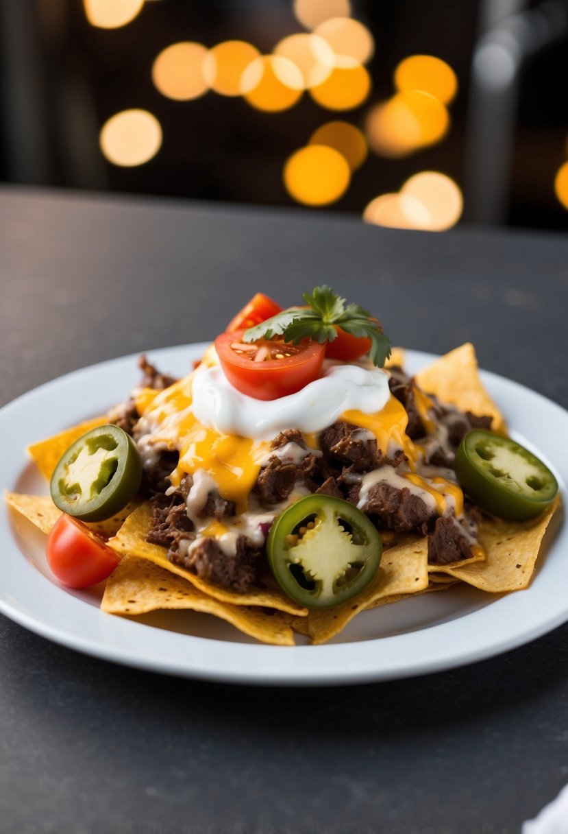 A plate of loaded beef nachos with melted cheese, tomatoes, jalapenos, and sour cream on top