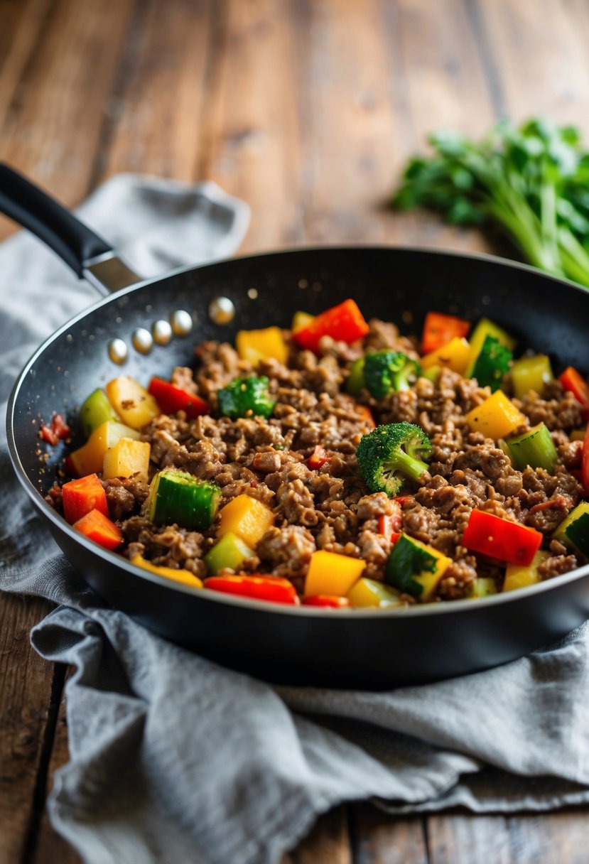 A sizzling skillet filled with colorful vegetables and seasoned ground beef cooking together