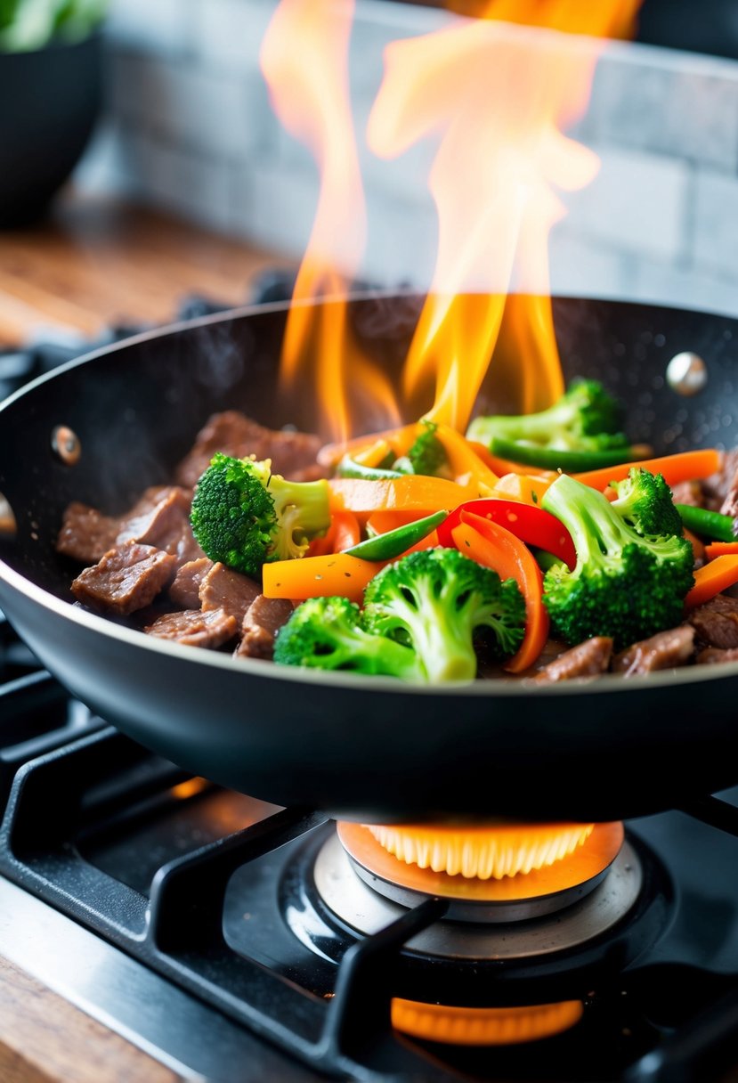 A sizzling stir-fry pan with beef, broccoli, and colorful vegetables cooking over a high flame