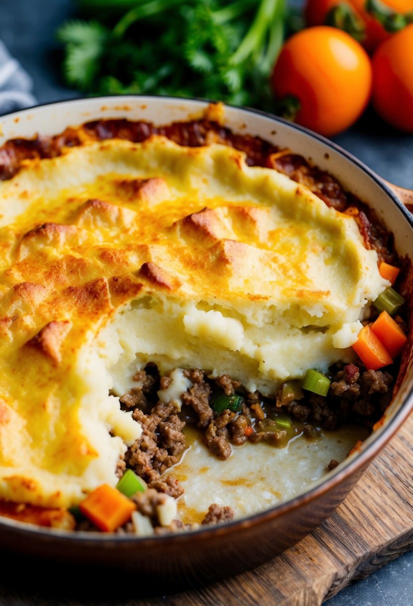 A bubbling Shepherd's Pie with creamy mashed potatoes, savory ground beef, and colorful vegetables in a rustic baking dish