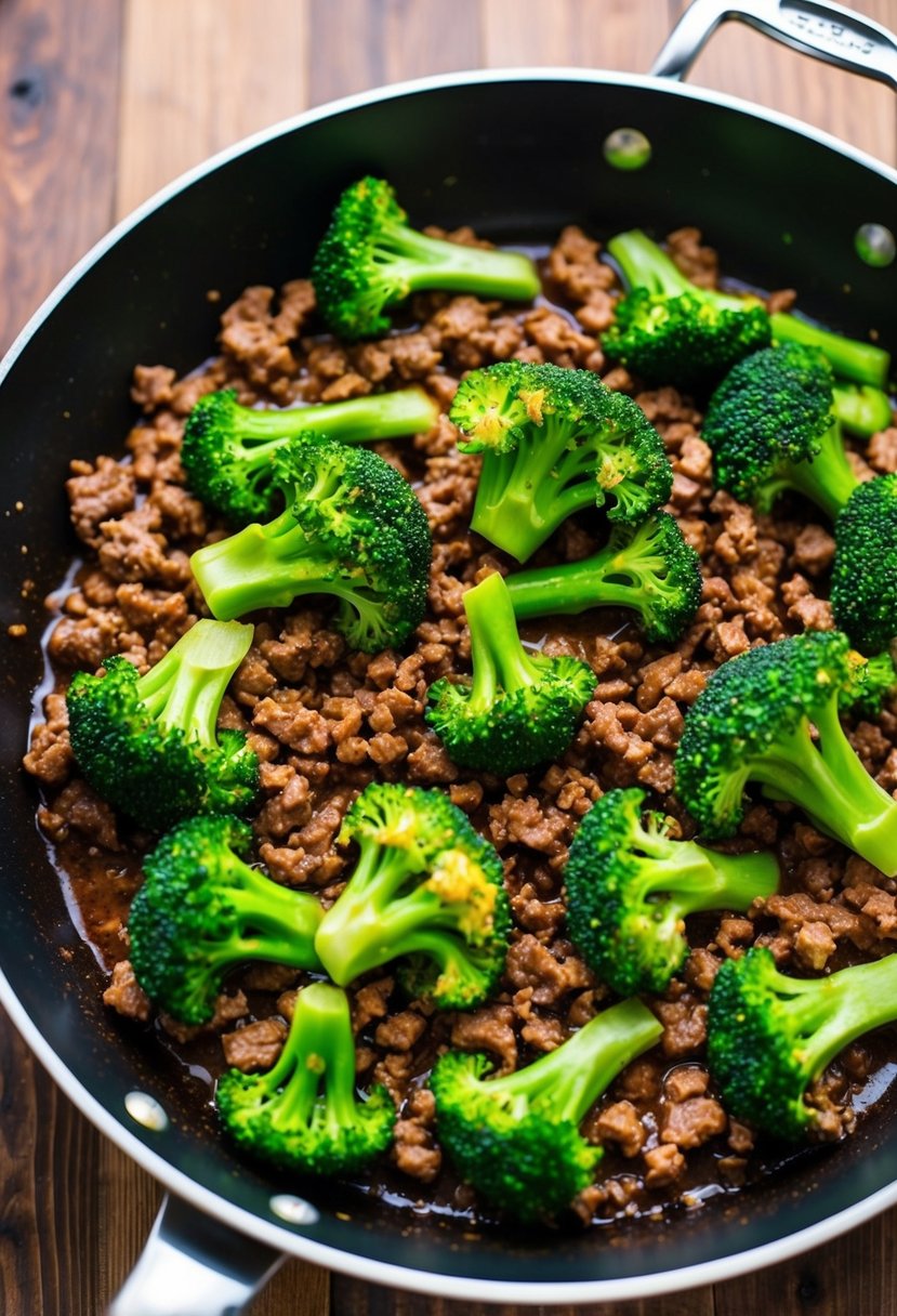 A sizzling skillet of ground beef and vibrant green broccoli florets cooking together in a savory sauce