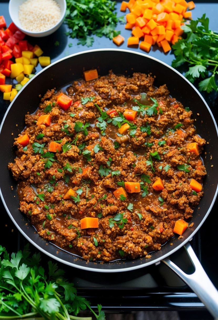 A skillet of quinoa beef sloppy joe mixture simmering on the stove, surrounded by colorful chopped vegetables and herbs