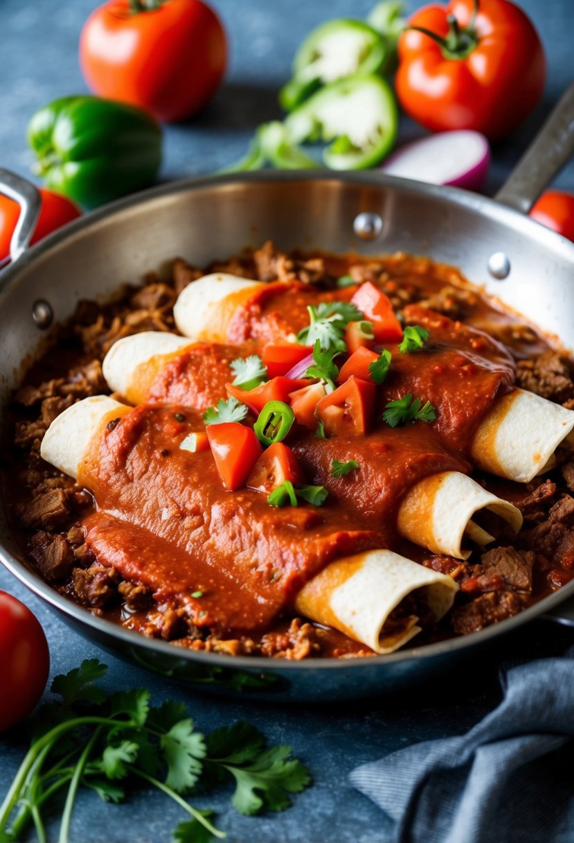 A sizzling skillet of beef enchiladas topped with red sauce, surrounded by vibrant ingredients like tomatoes, onions, and peppers