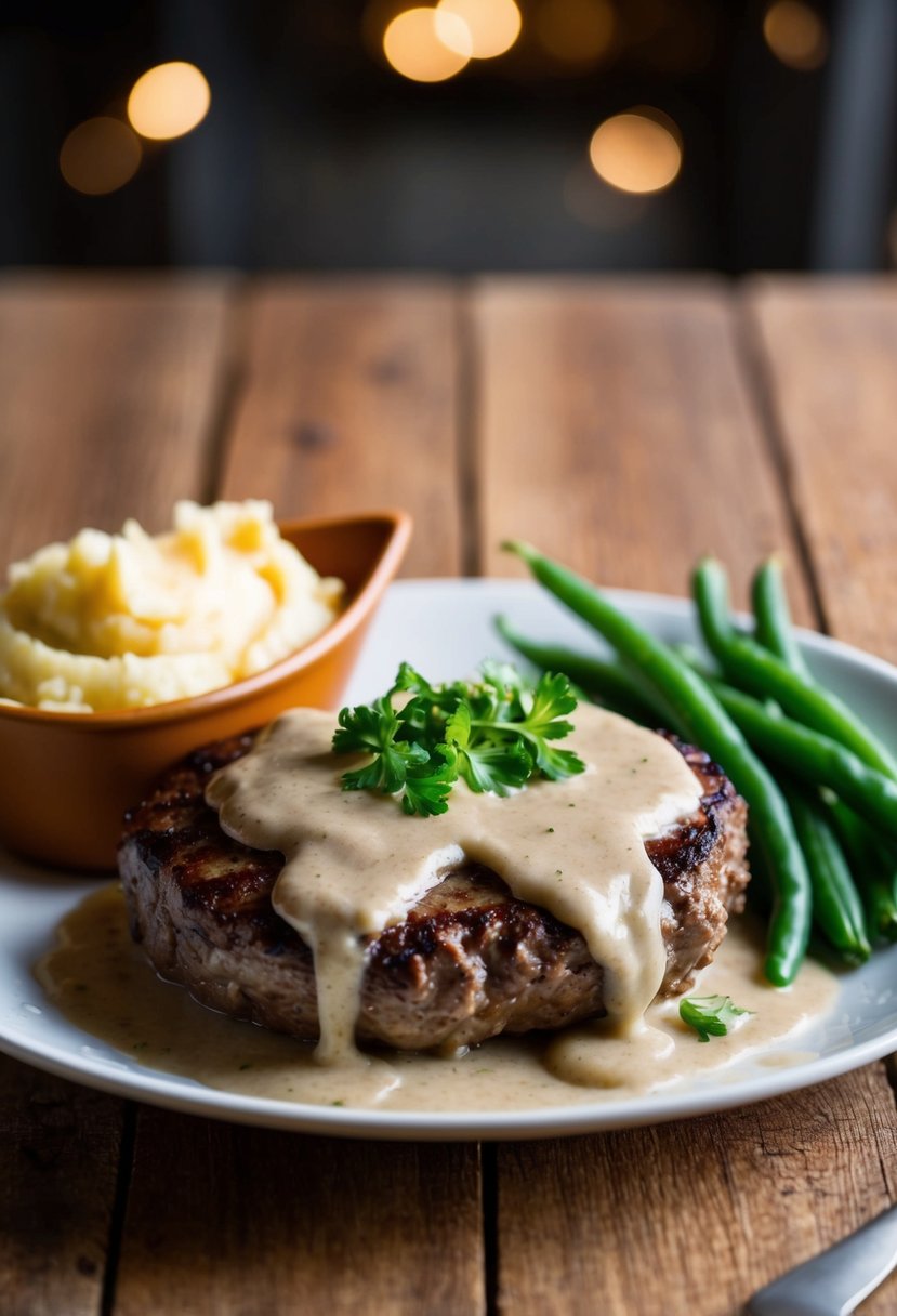 A sizzling hamburger steak smothered in rich onion gravy, accompanied by a side of buttery mashed potatoes and steamed green beans