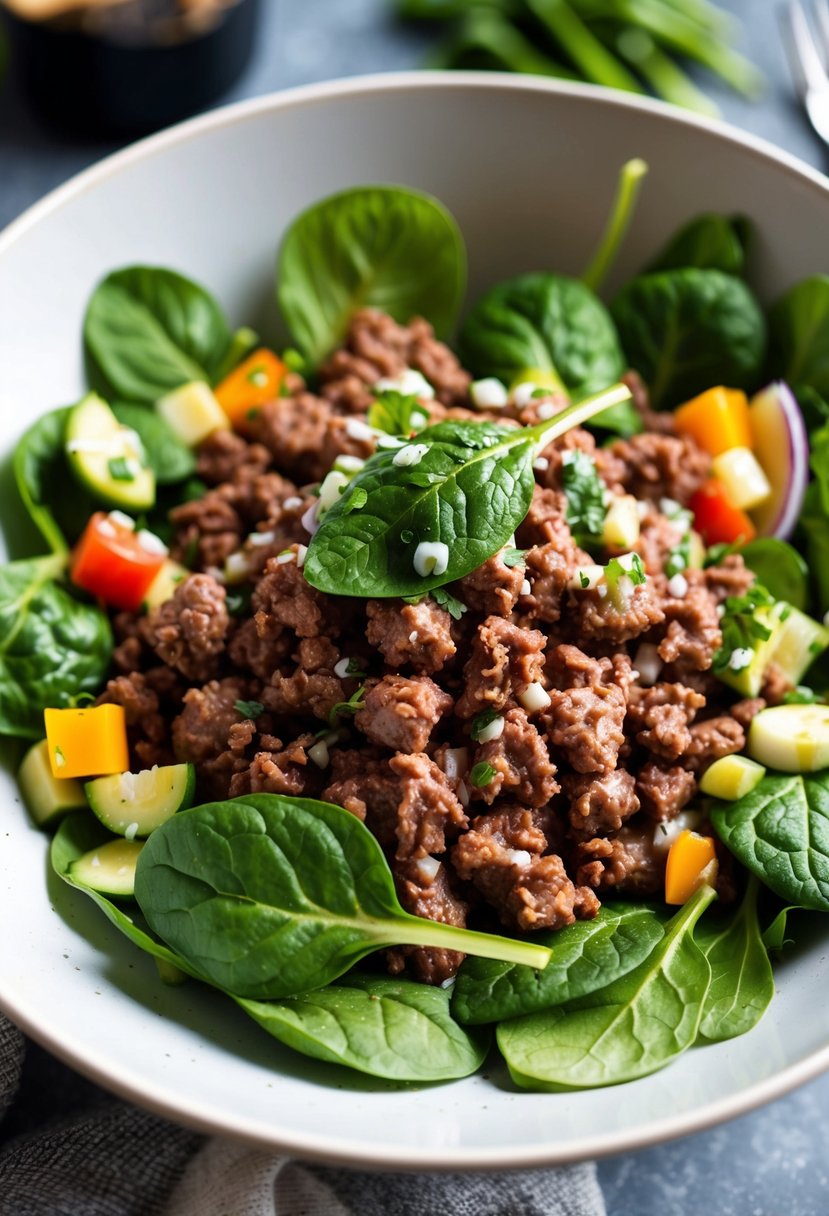 A colorful salad bowl filled with cooked ground beef, fresh spinach leaves, and assorted vegetables, drizzled with a light vinaigrette