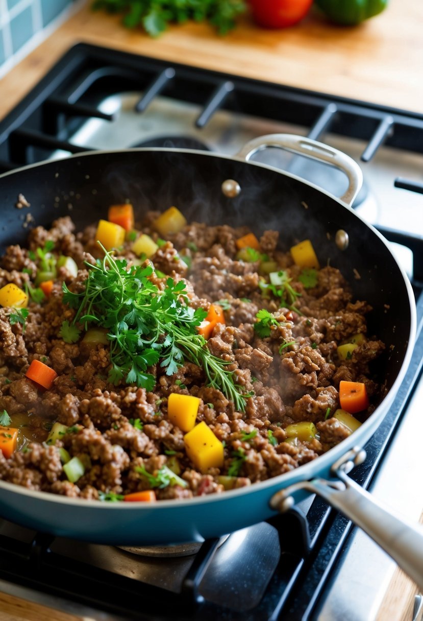 A sizzling skillet filled with ground beef, colorful vegetables, and aromatic herbs cooking on a stovetop