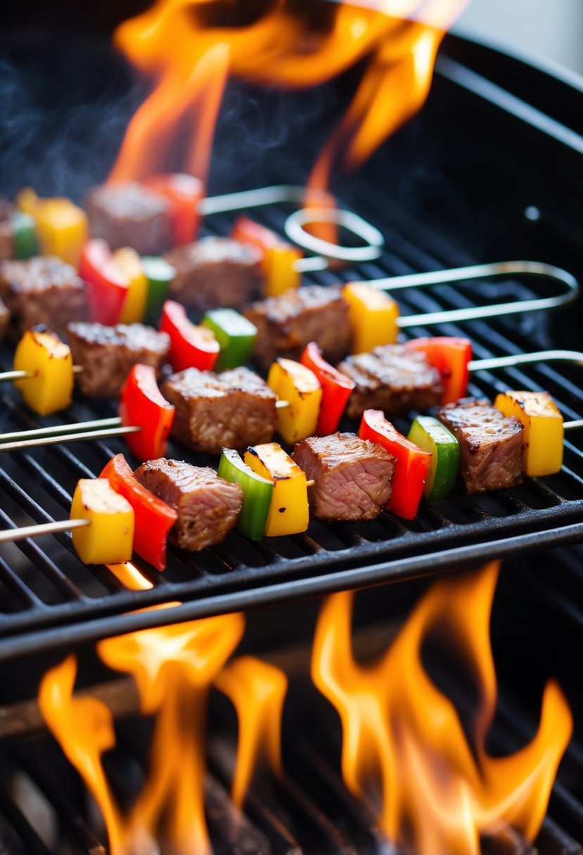 A sizzling grill with skewers of marinated beef and colorful vegetables cooking over the flame