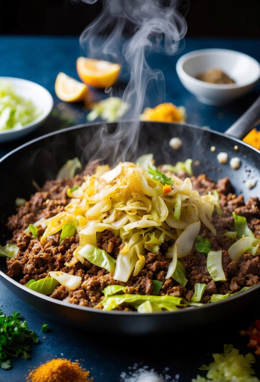 A sizzling skillet with ground beef and cabbage stir-fry, steam rising, surrounded by colorful chopped vegetables and spices