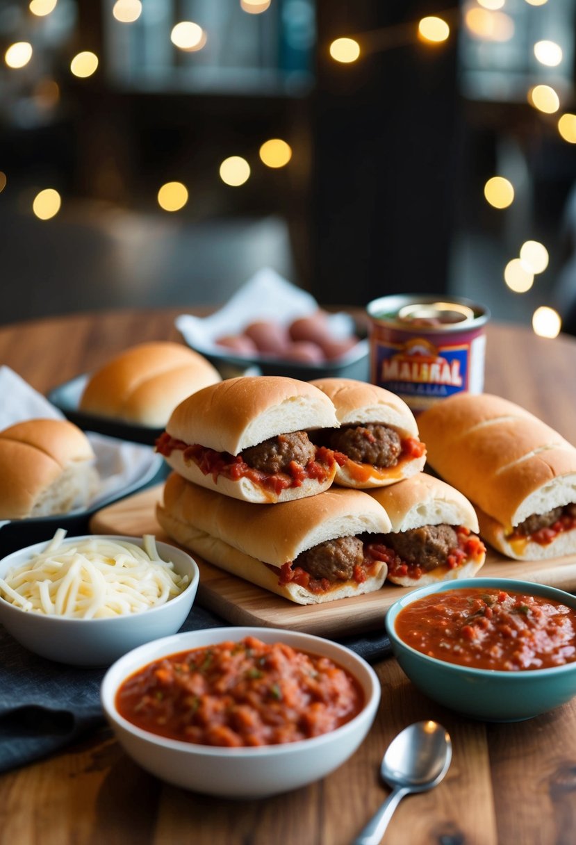 A table set with ingredients for Italian meatball subs: ground beef, marinara sauce, mozzarella cheese, and hoagie rolls