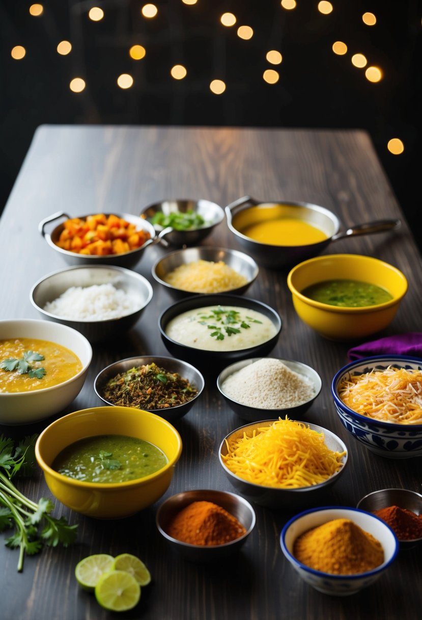 A table set with various ingredients and utensils for making bhel puri