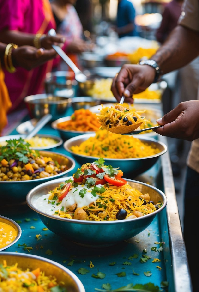 A bustling Mumbai street stall serves up a vibrant, mouthwatering Bhel Puri, with colorful ingredients and a mix of savory and tangy flavors